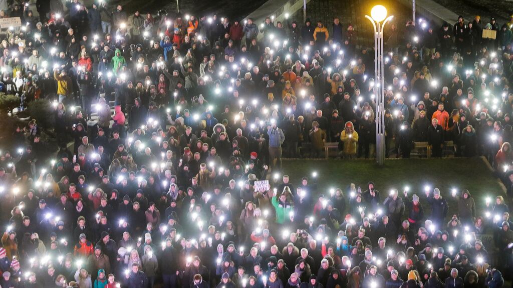 A protest rally marking the second anniversary of the murder of the investigative reporter Jan Kuciak and his fiancee Martina Kusnirova, ahead of country’s parliamentary election, in Bratislava, Slovakia. Photograph: David W Cerny/Reuters