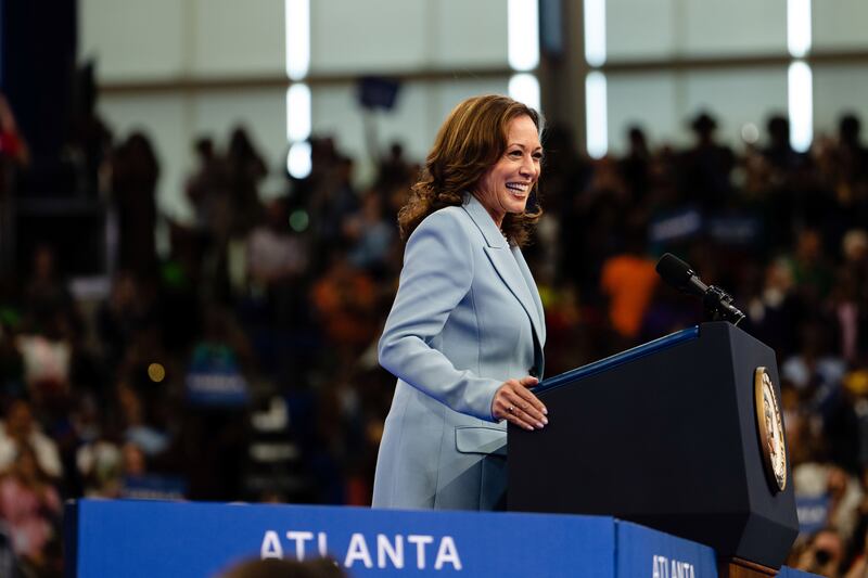 US vice-president Kamala Harris, the presumptive Democratic nominee for president, speaks at a campaign rally in Atlanta on Tuesday. Photograph: Erin Schaff/New York Times
                      