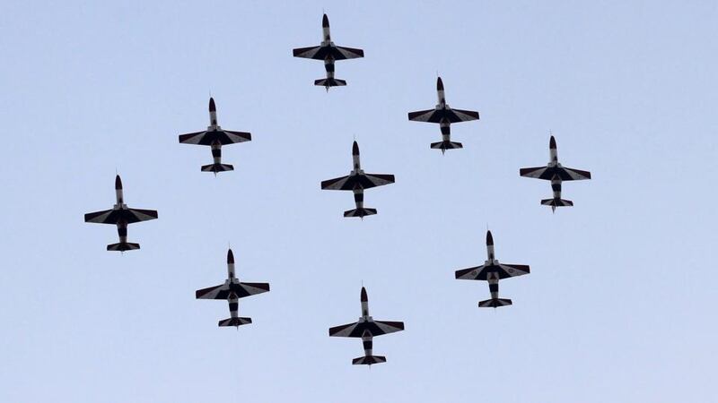 Egyptian military jets flew in formation over Tahrir square as the head of Egypt’s constitution court Adli Mansour was sworn in as the interim head of state. Photograph: Mohamed Abd El Ghany/Reuters