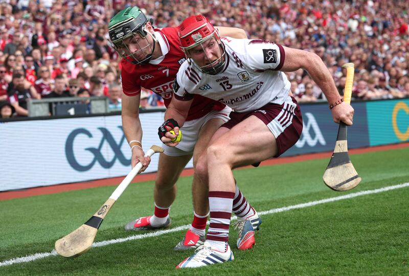Cork’s Mark Coleman challenges Galway's Conor Whelan. Photograph: James Crombie/Inpho