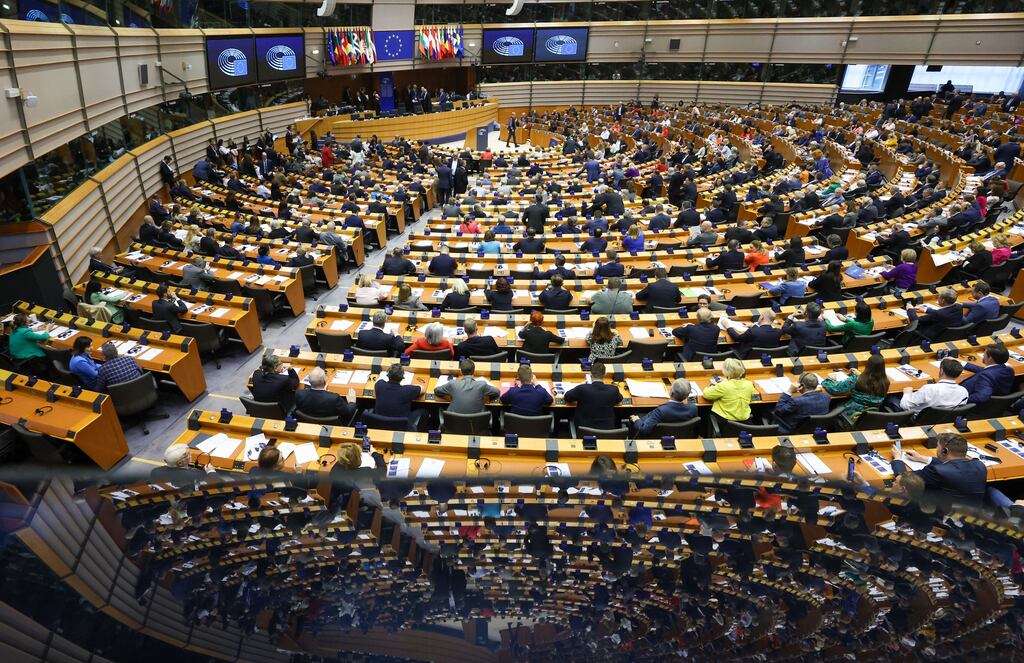 Members of European Parliament take part in a series of votes during a plenary session at the European Parliament in Brussels, Belgium, 10 April 2024. The European Parliament approved a reform of EU asylum law. Members of European Parliament voted to speed up asylum procedures and facilitate deportations.