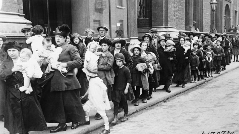 A large number of refugees from Belfast arriving in Dublin, where they were quartered in Marlborough Hall. The  uprisings  made hundreds of families leave their homes for regions of safety.