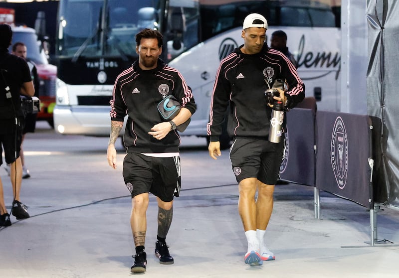 Inter Miami's Lionel Messi and Luis Suarez arrive for the first round second leg Champions Cup tie against Sporting Kansas City at Chase Stadium in Fort Lauderdale. Photograph: Chris Arjoon/AFP