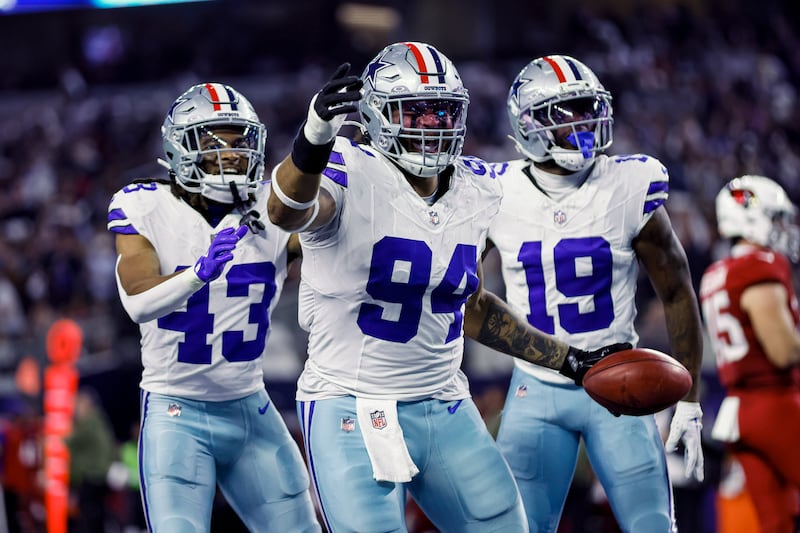 Marshawn Kneeland celebrates recovering a blocked punt for a touchdown during the game between the Dallas Cowboys and the Arizona Cardinals on Sunday. Photograph: Matthew Pearce/Icon Sportswire via Getty Images