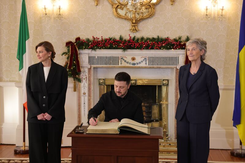Ukrainian president Volodymyr Zelenskiy during a courtesy call to President Catherine Connolly, accompanied by Ukraine’s first lady Olena Zelenska, at Áras an Uachtaráin. Photograph: Alan Betson/The Irish Times

