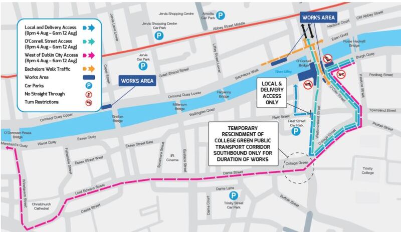 Traffic diversions in Dublin city centre starting on Friday, August 4th.