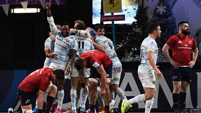 Virimi Vakatawa and Racing 92 celebrate his late try against Munster in Paris. Photograph: Anne-Christine Poujoulat/AFP/Getty