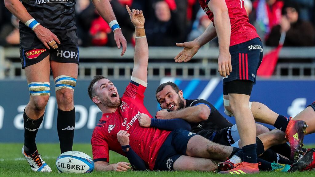 Munster’s JJ Hanrahan celebrates scoring his side’s third try against Castres at Thomond Park. Photograph: Billy Stickland/Inpho
