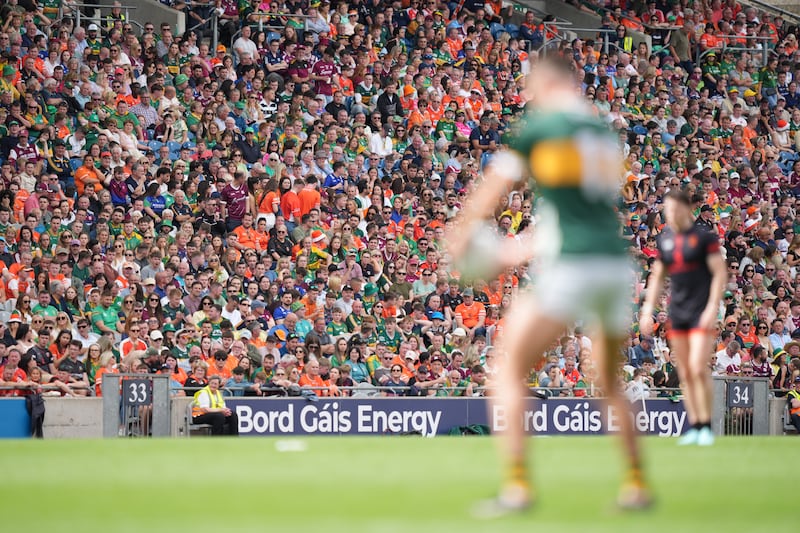 Seán O'Shea steadies himself to kick a score for Kerry against Armagh at Croke Park on Sunday. Photograph: James Lawlor/Inpho