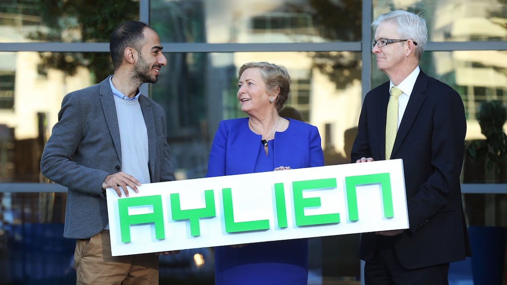 Aylien chief executive Parsa Ghaffari with Tánaiste Frances Fitzgerald and Joe Healy of Enterprise Ireland. Photograph: Finbarr O’Rourke