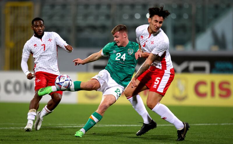 Evan Ferguson in action for Ireland during the friendly clash against Malta at the Ta'Qali National Stadium. Photograph: Ryan Byrne/Inpho