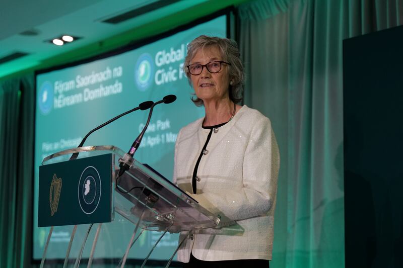 President Catherine Connolly, addresses the event. Photograph: Paulo Nunes dos Santos
