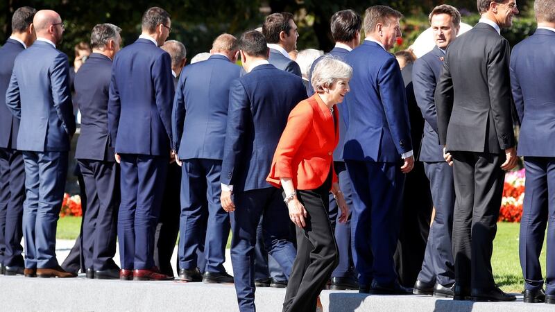 Britain’s prime minister Theresa May arrives for a family photo during the European Union leaders informal summit in Salzburg, Austria, on Thursday. Photograph:  Reuters