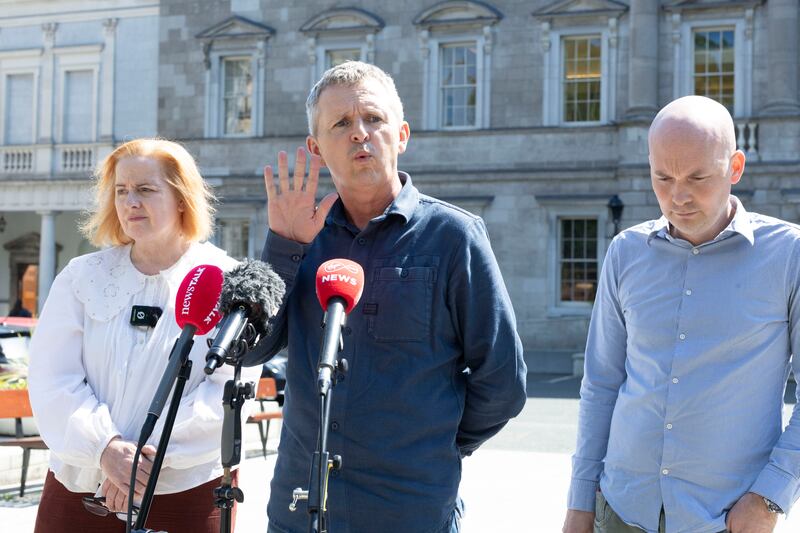 People Before Profit–Solidarity TD Richard Boyd Barrett (centre) with fellow party TDs Paul Murphy and Ruth Coppinger speak to the media at Leinster House on Tuesday. Photograph: Sam Boal/Collins