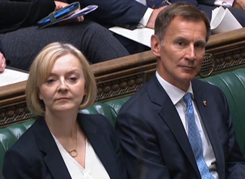 Liz Truss and chancellor of the exchequer Jeremy Hunt listen to SNP Westminster leader Ian Blackford during prime minister's questions in the House of Commons on Wednesday. Photograph: House of Commons/PA