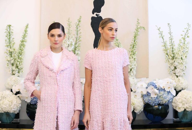 Kelly (L) wearing Kaia Pink Tweed Coat (€1,695), Lee White Cotton T-Shirt (€65), Yoshi White Jersey Trousers (€495) and Thalia wearing Elodie Pink Tweed Dress (€1,295). Photograph: Sasko Lazarov/Photocall Ireland