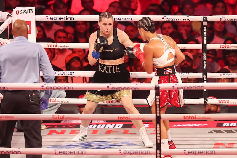 Katie Taylor in action against Puerto Rican American boxer Amanda Serrano. Photograph: Sarah Yenesel/ EPA