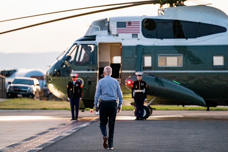 US president Joe Biden walks to board Marine One. Photograph: Al Drago/The New York Times
                      