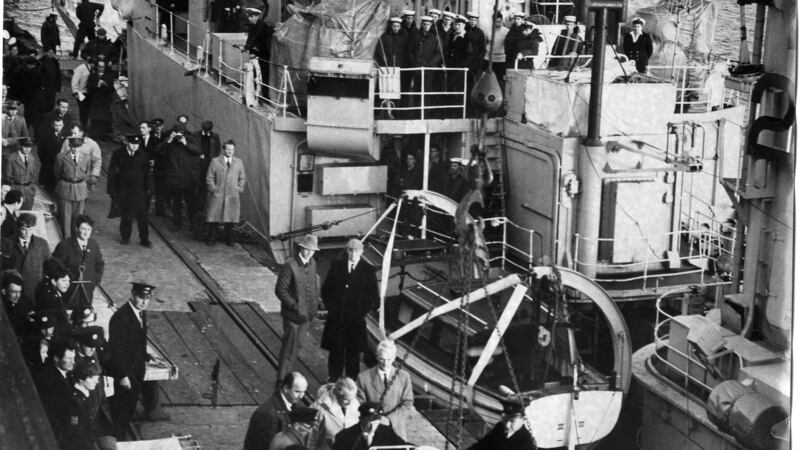 The British frigate H.M.S. Hardy in Rosslare  landing bodies of victims of the Aer Lingus crash. Photograph: Dermot Barry