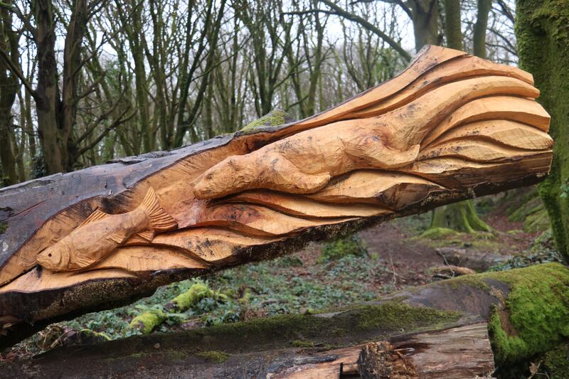 A wooden otter chases a wooden fish in this sculpture carved from a fallen tree in Barna Woods. Photograph: Ronan McGreevy 