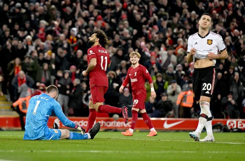 Mohamed Salah celebrates after scoring Liverpool's fourth goal during the Premier League match against Manchester United at Anfield back in March. Photograph: Andrew Powell/Liverpool FC via Getty Images