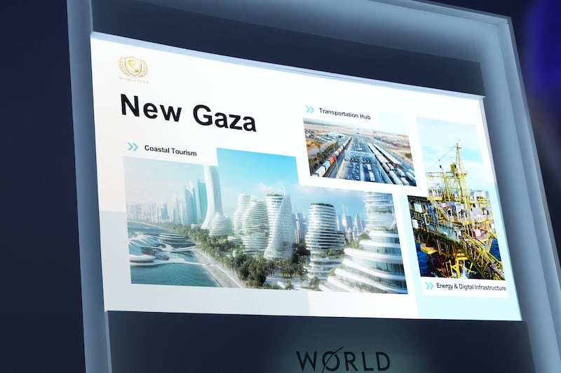 Concept art for “New Gaza” shown by Jared Kushner, US president Donald Trump’s son-in-law, at a signing ceremony for the Board of Peace. Photograph: Doug Mills/The New York Times