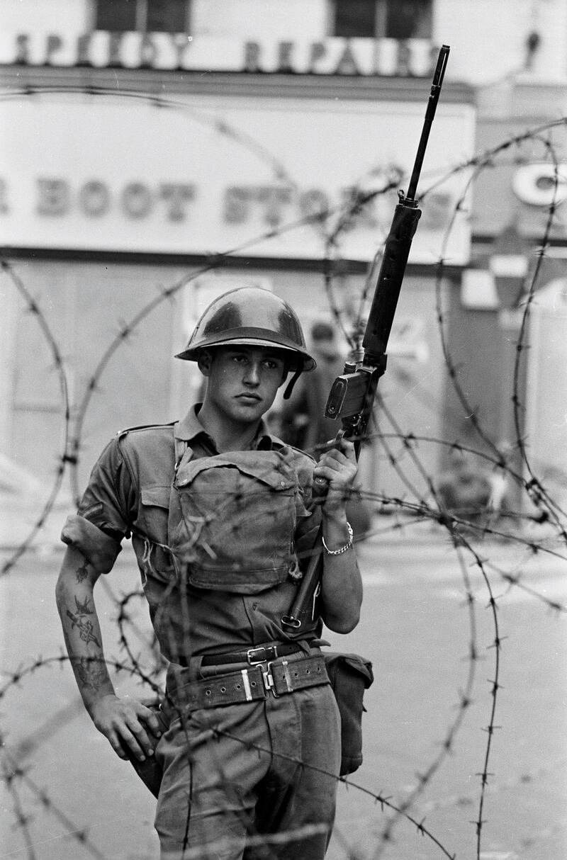 The Battle of the Bogside from the Gilles Caron exhibition at the Park Hotel Kenmare, Co Kerry. Photograph: Gilles Caron.