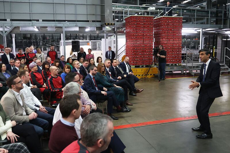 Britain's prime minister Rishi Sunak holds a Q&A session with local business leaders during a visit to Coca-Cola HBC in Lisburn, Co Antrim in Northern Ireland on Tuesday. Photograph: Liam McBurney/pool/AFP/ Getty