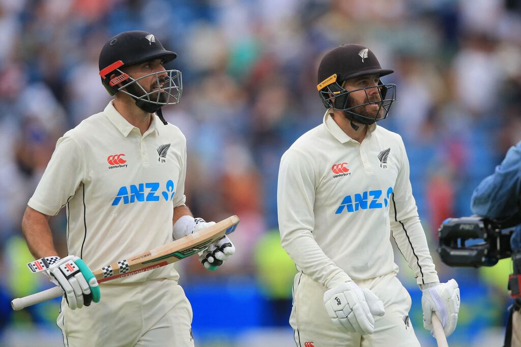 New Zealand's Daryl Mitchell (L) and Tom Blundell (R) leave unbeaten at the end of play on day one of the third Test at Headingley. Photograph: Lindsey Parnaby/AFP via Getty Images