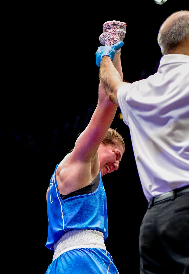 Aoife O’Rourke is declared the winner on points after her fight with Busra Isildar in September. Photograph: Kieran Smith/INPHO