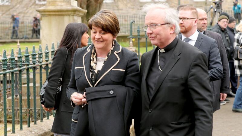 Arlene Foster and Bishop John McKeown arriving for the funeral of Northern Ireland’s former deputy first minister and ex-IRA commander Martin McGuinness. Photograph: Niall Carson/PA Wire