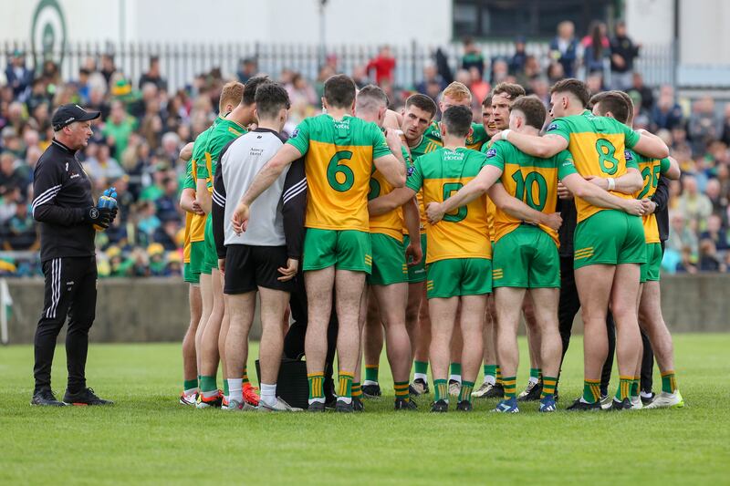 The Donegal team huddle before the game against Tyrone in Ballybofey. I remember the sense of empowerment that all of that work that you’ve been doing is coming to fruition on the pitch. Photograph: Lorcan Doherty/Inpho 
