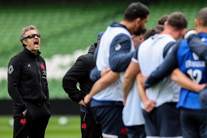 France head coach Fabien Galthie issues instructions during a training session at the Aviva Stadium. File photograph: Getty Images