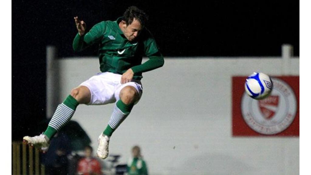 Republic of Ireland Under-21 striker Rhys Murphy heads home the winning goal against Hungary in the European Championship qualifier at the Showgrounds in Sligo. – (Photograph: James Crombie/Inpho).