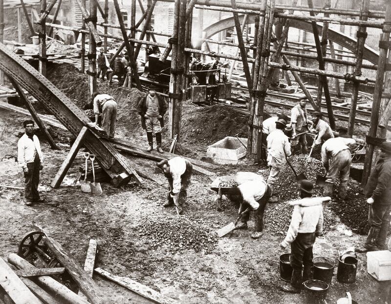 Navvies  mixing concrete  during the building of London’s Metropolitan Railway, the world’s first underground railway, which opened on January 10th, 1863. Photograph: SSPL/Getty Images