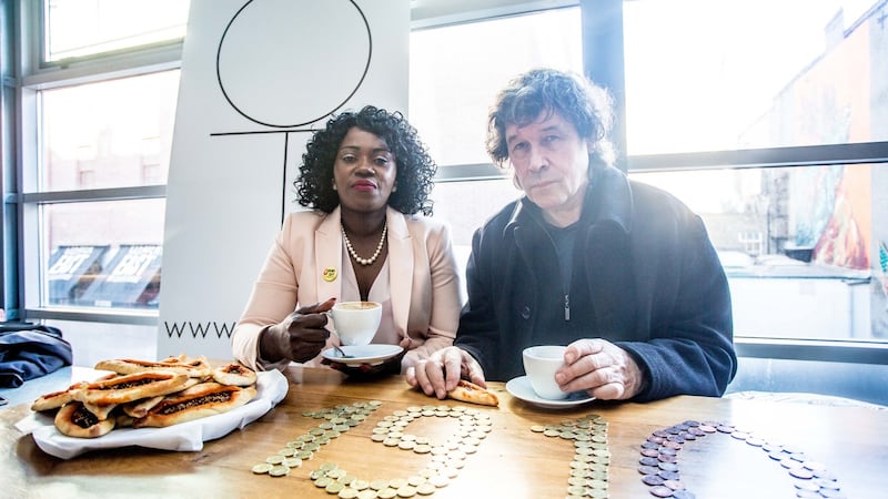 Ellie Kisyombe with actor Stephen Rea who was Our Table’s first customer. Photograph: Allen Kiely