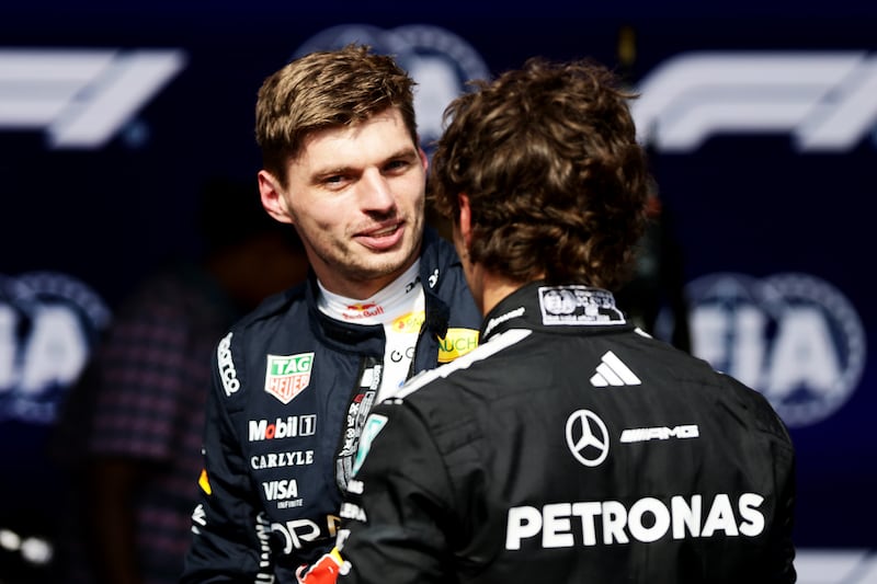 Max Verstappen (left) chats to Kimi Antonelli after Saturday's qualifying session. Photograph: Mark Thompson/Getty Images