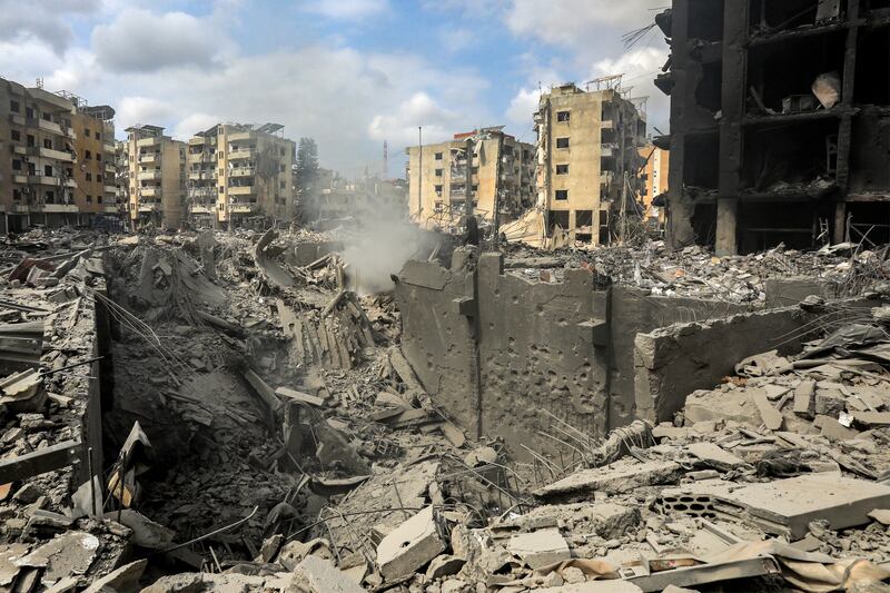 A crater where a collapsed building stood following an overnight Israeli air strike on the neighbourhood of Kafaat in Beirut's southern suburbs on Monday. Photograph: AFP via Getty Images