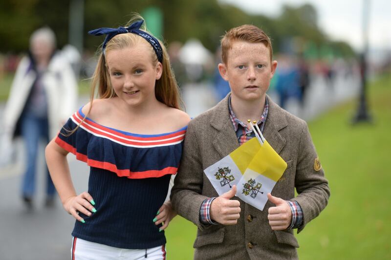 Kathleen and Connie O'Ryan, from Limerick, attending the WMOF2018 closing Mass, at the Phoenix Park.  Photograph: Dara Mac Donaill/The Irish Times