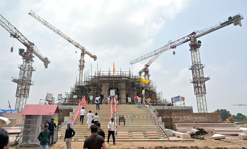 The Ram Mandir temple under construction in Ayodhya in July 2023. Photograph: Prabhat Kumar Verma/EPA