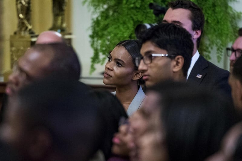 Candace Owens (centre)  looks on as US president Donald Trump addresses young black conservative leaders from across the country  as part of the 2018 Young Black Leadership Summit at the White House on October 26th in Washington, DC. Photograph: Pete Marovich/Getty