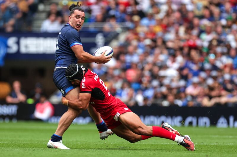 Leinster’s James Lowe tackled by Santiago Chocobares of Toulouse. Photograph: Laszlo Geczo/Inpho 