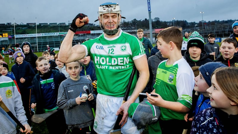 TJ Reid celebrates Ballyhale’s victory over Slaughtneil in the All-Ireland semi-final. Photograph: Ryan Byrne/Inpho
