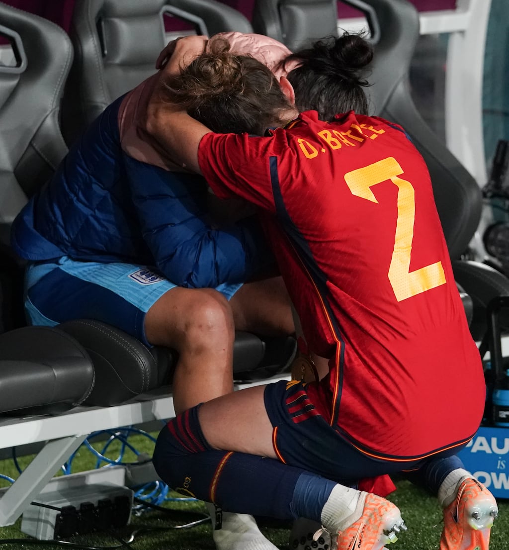England's Lucy Bronze is consoled by Spain's Ona Batlle after the Women's World Cup final in which Spain beat England at Stadium Australia. Photograph: Stephanie Meek/CameraSport via Getty Images