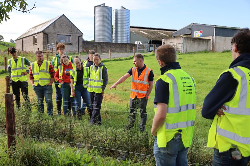 Alastair Pollock discussing the benefits of Whitethorn hedge with students at Ballyhaise college. Photograph: Dara Mac Dónaill 