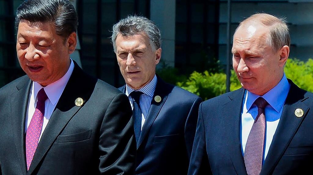 Chinese president Xi Jinping, Argentina’s president Mauricio Macri and Russia’s president Vladimir Putin during the Belt and Road Forum in Beijing. Photograph: Reuters