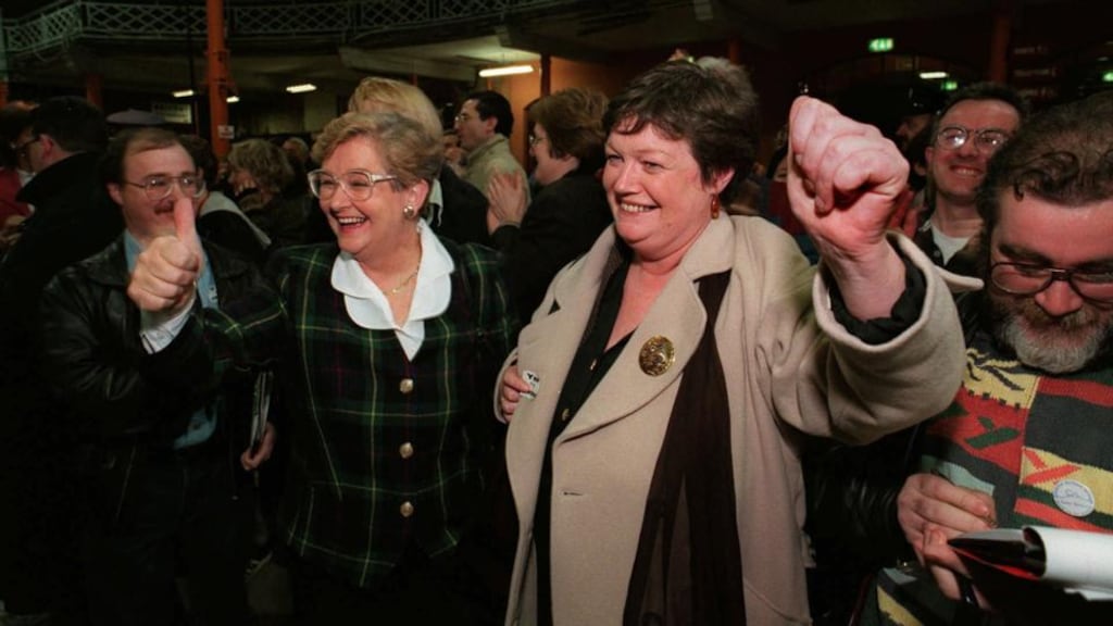 Then mInister for education Niamh Bhreathnach (left) and Mags O’Brien celebrate victory in  the divorce referendum at the RDS on November 25th, 1995. Photograph: Frank Miller