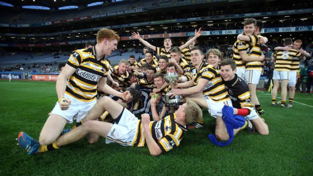 The Colaiste Eoin team celebrate victory over Marist College at the end of the Leinster Colleges Senior Football Championship Final, Croke Park, at the weekend. Photograph: Donall Farmer/Inpho