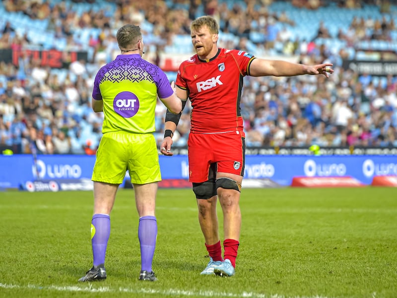 Referee Eoghan Cross and Josh McNally of Cardiff at the Bulls vs Cardiff game in Loftus Versfeld Stadium in Pretoria on Saturday. Photograph: Steve Haag Sports/Christiaan Kotze/Inpho