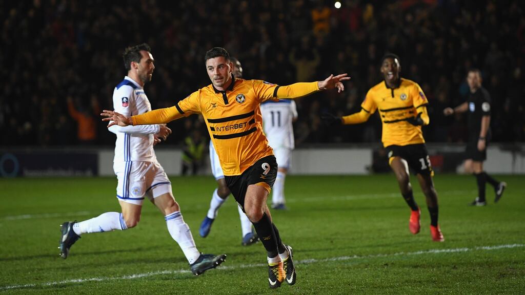 Pádraig Amond celebrates scoring the winner against Leicester City in 2019. Photograph: Stu Forster/Getty